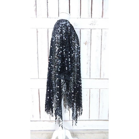 Sheer black net round black sequin fringe tassel kimono cardigan cover up - Picture 3 of 4